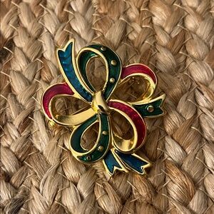 Danecraft Vintage Gold Tone and Multicolor Enamel Bow Christmas Brooch